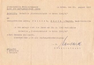 Anschreiben mit Umschlag bzgl. Medaille Winterschlacht im...