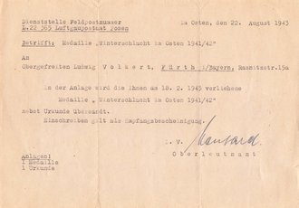 Anschreiben mit Umschlag bzgl. Medaille Winterschlacht im...