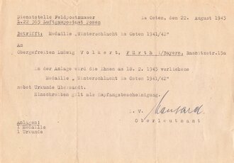 Anschreiben mit Umschlag bzgl. "Medaille Winterschlacht im Osten" 1943