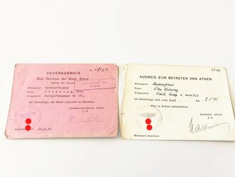 "Ausweis zum Betreten von Athen" sowie " Dauerausweis" ausgestellt für einen Unteroffizier einer Bäckerei Kompanie