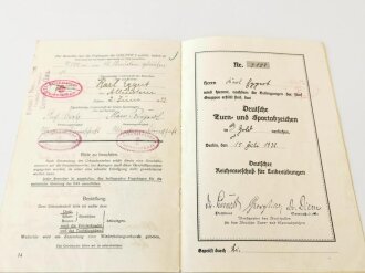 Deutsches Turn- und Sportabzeichen für Männer, Urkundenheft mit Verleihungsurkunde für das Sportabzeichen in Gold, datiert 1932