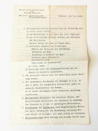 "Kaiserliches Gouvernement der Festung Bukarest" Dreiseitiges Schreiben zum Thema "Ausbildung der Besatzungstruppen" vom 1917