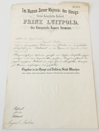 Bayern, Patent für einen Leutnant in der Reserve des Infanterie Leib Regiments datiert 1905