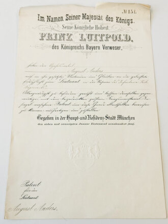 Bayern, Patent für einen Leutnant in der Reserve des...