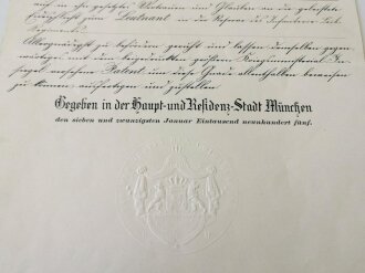 Bayern, Patent für einen Leutnant in der Reserve des Infanterie Leib Regiments datiert 1905