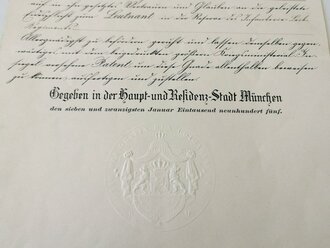 Bayern, Patent für einen Leutnant in der Reserve des Infanterie Leib Regiments datiert 1905