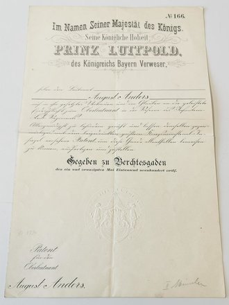 Bayern, Patent für einen Oberleutnant in der Reserve des...