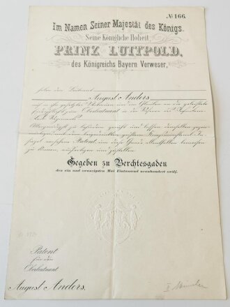 Bayern, Patent für einen Oberleutnant in der Reserve...