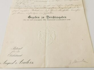 Bayern, Patent für einen Oberleutnant in der Reserve des Infanterie Leib Regiments datiert 1912