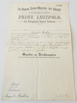 Bayern, Patent für einen Oberleutnant in der Reserve des Infanterie Leib Regiments datiert 1912