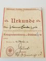 Urkundengruppe eines Frontkämpfers im 1.Weltkriegs, unter anderem zum "Kriegsehrenkreuz mit Schwertern" des Ehrenbund Deutscher Weltkriegsteilnehmer von 1931. Alle Urkunden in eher schlechtem Zustand