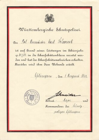Württembergische Schutzpolizei, Verleihungsurkunde für das Scharfschützenabzeichen datiert 1932