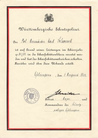 Württembergische Schutzpolizei, Verleihungsurkunde für...