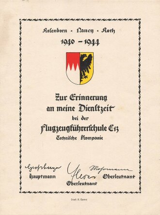 Luftwaffe, farbige Urkunde "Zur Erinnerung an meine Dienstzeit bei der Flugzeugführerschule E13" Rosenborn Nancy Roth