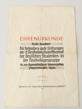 Großformatige "Ehrenurkunde für besonders gute Leistungen im 2. Reichsberufswettkampf. Eigenhändige Unterschrift von Hauptamtsleiter der NSDAP und Reichsstudentenführer Gustav Adolf Scheel