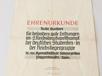 Großformatige "Ehrenurkunde für besonders gute Leistungen im 2. Reichsberufswettkampf. Eigenhändige Unterschrift von Hauptamtsleiter der NSDAP und Reichsstudentenführer Gustav Adolf Scheel