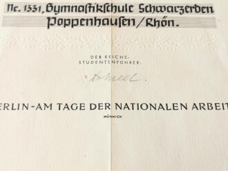 Großformatige "Ehrenurkunde für besonders gute Leistungen im 2. Reichsberufswettkampf. Eigenhändige Unterschrift von Hauptamtsleiter der NSDAP und Reichsstudentenführer Gustav Adolf Scheel