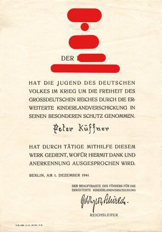 Kinderlandverschickung, Anerkennungsurkunde für einen Helfer, ausgestellt 1941. DIN A4