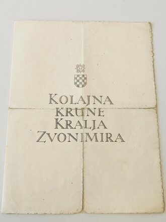 Panzertruppe, Verleihungsurkunde für den Kroatischen Orden der Krone von König Zvonimir, ausgestellt 1944 für einen Obergefreiten der Panzer Abteilung 202