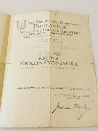 Panzertruppe, Verleihungsurkunde für den Kroatischen Orden der Krone von König Zvonimir, ausgestellt 1944 für einen Obergefreiten der Panzer Abteilung 202