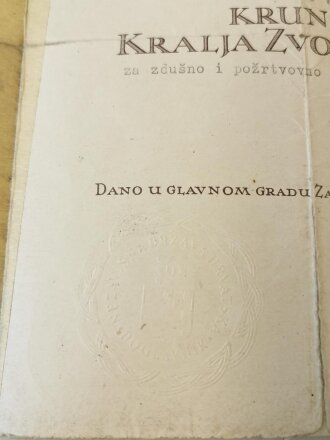 Panzertruppe, Verleihungsurkunde für den Kroatischen Orden der Krone von König Zvonimir, ausgestellt 1944 für einen Obergefreiten der Panzer Abteilung 202