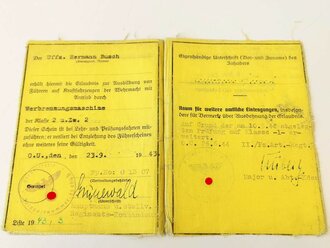 Soldbuch, Erkennungsmarke und Wehrmacht Fahrlehrerschein eines Angehörigen Artillerie Regiment ( m ) 73. Soldbuchhülle HK übermalt, komplett, eingetragen Schutzwall, EKII, Panzerkampf Silber, VWA schwarz, Ostmedaille, Kraftfahrbewährungsabzeichen bronze