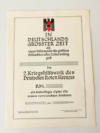 Spendenurkunde "2. Kriegshilfswerk des Deutschen...