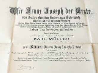 Dekorative K.u.K. Urkundengruppe eines Hauptmann im Pionier Bataillon 8 der unter anderem zum Ritter des Franz Joseph Ordens ernannt wurde