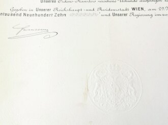 Dekorative K.u.K. Urkundengruppe eines Hauptmann im Pionier Bataillon 8 der unter anderem zum Ritter des Franz Joseph Ordens ernannt wurde