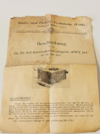 Kurzwellenvorsatzgerät "KWV 104" für Volksempfänger VE 301 Dyn, mit Beschreibung in der desolaten, originalen Umverpackung