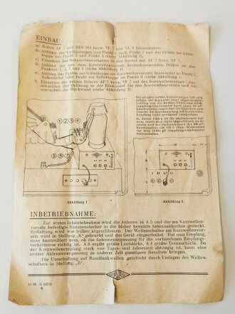Beschreibung zum Kurzwellenvorsatzgerät "KWV 104" für Volksempfänger VE 301 Dyn