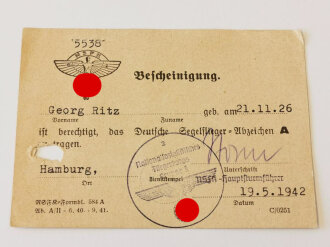 NSFK Bescheinigung " ist berechtigt, das Deutsche Segelflieger Abzeichen A zu tragen" Hamburg 1942