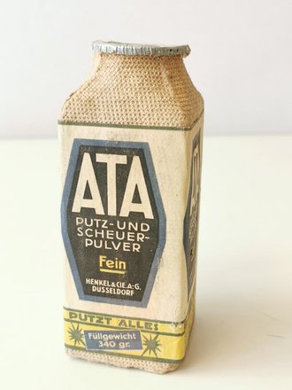 "ATA Putz- und Scheuerpulver"  aus Pappe, Höhe 14cm, Preis in Reichsmark, ungeöffnet