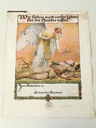 Gedenkblatt für die Familie eines im April 1917 bei Arras Gefallenen. Großformat, gefaltet