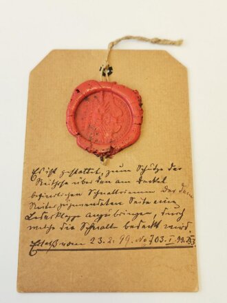 Preußen, Anhängekarte der Bekleidungsabtheilung des Kriegsministeriums datiert 1897 für eine " Probe der Schabrunken für Jäger zu Pferde"
