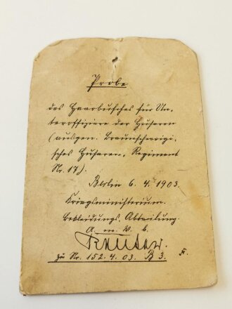 Preußen, Anhängekarte der Bekleidungsabtheilung des Kriegsministeriums datiert 1903 für eine " Probe des Haarbusches für Unteroffiziere"