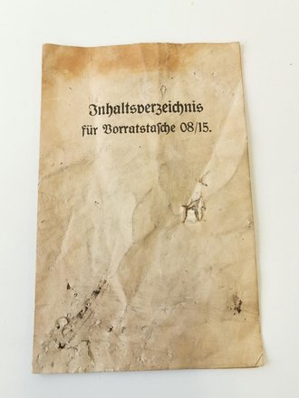 1.Weltkrieg "Inhaltsverzeichnis zur Vorratstasche 08/15"