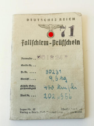 Luftwaffe, Fallschirm Prüfschein Baumuster 30I S 24 S ( Sitzkissenschirm Seide 24 Bahnen ) Zuletzt geprüft 14.9.44