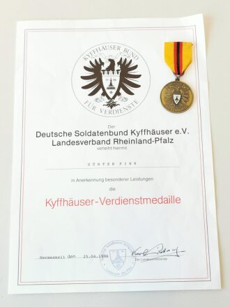 Deutscher Soldatenbund Kyffhäuser, Verdienstmedaille mit Verleihungsurkunde von 1996