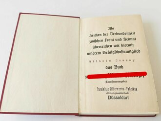 Adolf Hitler "Mein Kampf" kleine, rote " Tornisterausgabe" von 1940 mit Widmung der "Vereinigte Silberwaren Fabrik AG Düsseldorf" Guter Zustand