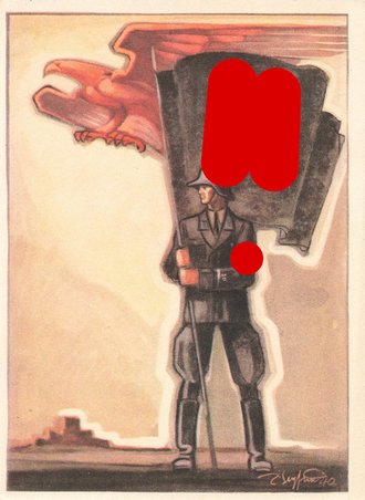 Propagandakarte "Tag der Deutschen Polizei 1941"  Allgemeiner SS Mann mit ebensolcher Fahne