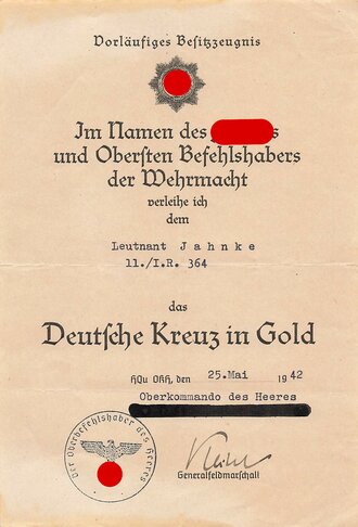 Träger des Deutschen Kreuz in Gold Kurt Jahnke, Gruppe Verleihungsurkunden
