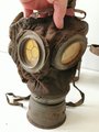 1.Weltkrieg , Gasmaske in Bereitschaftsbüchse. Leder weich, der Filter gestempelt  1917. Ungereinigtes Set