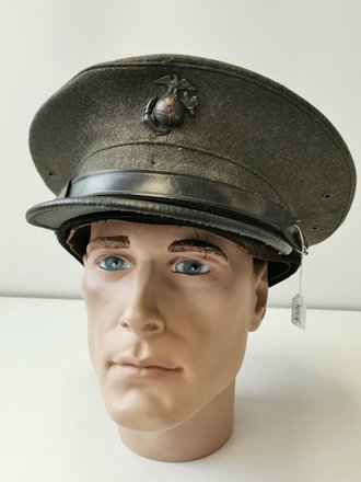 U.S. Marine Corps EM / NCO Visor hat, WWII or Korean war era. Sweatband loose, small moth holes, otherwise good condition, size 7 3/8