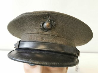 U.S. Marine Corps EM / NCO Visor hat, WWII or Korean war era. Sweatband loose, small moth holes, otherwise good condition, size 7 3/8