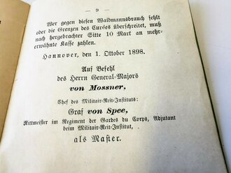 "Bestimmungen über den Betrieb der Reit Übungen im Gelände mit der Königl. Meute hinter lebendem Wild beim Militär Reit Institut" 13 Seiten, von 1898