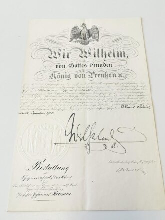 Kaiser Wilhelm II, eigenhändige Unterschrift auf meiner Bestallung datiert 1908