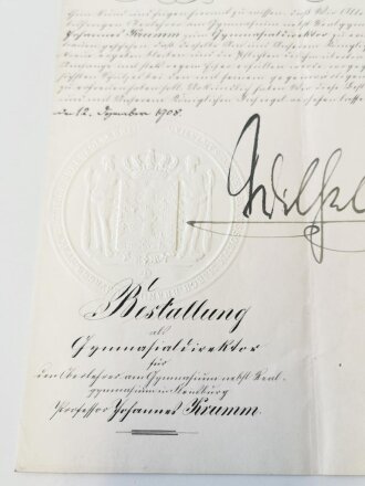 Kaiser Wilhelm II, eigenhändige Unterschrift auf meiner Bestallung datiert 1908