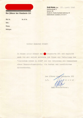 Papiernachlass vom Trägers des Deutschen Kreuz in Gold , Hauptmann der Reserve Wilhelm Krumb, Panzerjäger-Abteilung 240