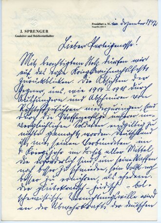 Jacob Sprenger, Gauleiter von Hessen Nassau und Reichsstatthalter in Hessen, eigenhändiger Brief mit Unterschrift datiert 1942